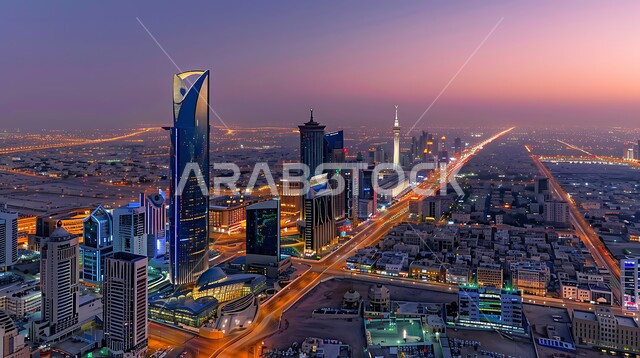 Architectural engineering art of towers and skyscrapers, a futuristic imaginary view of urban progress and growth, building a civilized and advanced future, tall commercial buildings and facilities in the Kingdom of Saudi Arabia, Saudi Vision 2030
