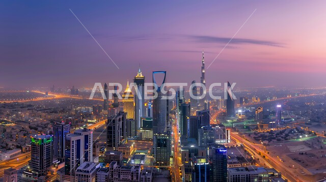Architectural engineering art of towers and skyscrapers, a futuristic imaginary view of urban progress and growth, building a civilized and advanced future, tall commercial buildings and facilities in the Kingdom of Saudi Arabia, Saudi Vision 2030