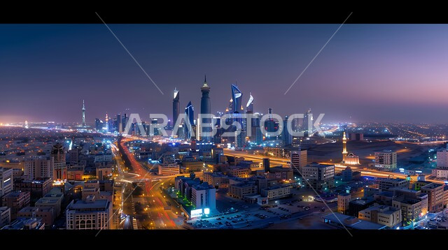 Architectural engineering art of towers and skyscrapers, a futuristic imaginary view of urban progress and growth, building a civilized and advanced future, tall commercial buildings and facilities in the Kingdom of Saudi Arabia, Saudi Vision 2030