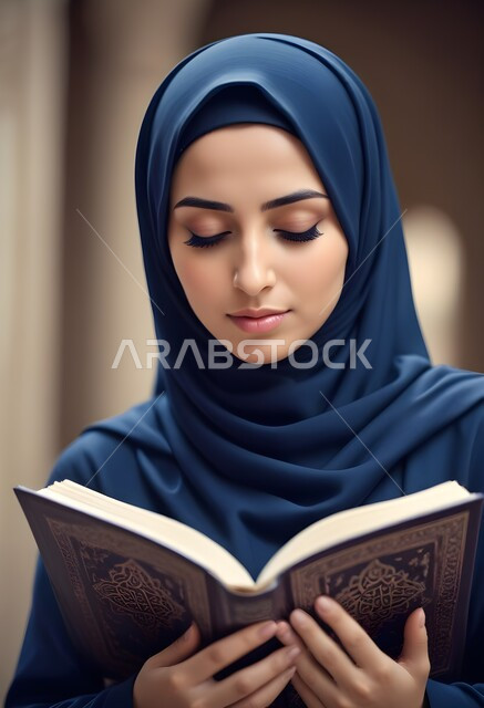 مفهوم التقرب الى الله تعالى، بورتريه من الأمام لإمرأه عربيه خليجية سعودية محجبة ترتدي العباءة وتقرأ القرآن الكريم، المناسبات الدينية والأعياد الإسلامية، التعبد والدعاء في بيوت الله، التدبر والخشوع في العبادة، ايماءات الهدوء والاندماج 