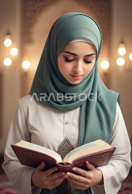 مفهوم التقرب الى الله تعالى، بورتريه من الأمام لإمرأه عربيه خليجية سعودية محجبة ترتدي العباءة وتقرأ القرآن الكريم، المناسبات الدينية والأعياد الإسلامية، التعبد والدعاء في بيوت الله، التدبر والخشوع في العبادة، ايماءات الهدوء والاندماج 