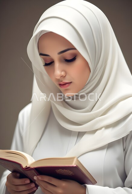 مفهوم التقرب الى الله تعالى، بورتريه من الأمام لإمرأه عربيه خليجية سعودية محجبة ترتدي العباءة وتقرأ القرآن الكريم، المناسبات الدينية والأعياد الإسلامية، التعبد والدعاء في بيوت الله، التدبر والخشوع في العبادة، ايماءات الهدوء والاندماج 