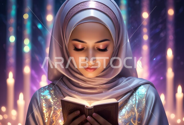 المناسبات الدينية والأعياد الإسلامية، مفهوم التقرب الى الله تعالى، بورتريه من الأمام لإمرأه عربيه خليجية سعودية محجبة ترتدي العباءة وتقرأ القرآن الكريم، التعبد والدعاء في بيوت الله، التدبر والخشوع في العبادة، ايماءات الهدوء والاندماج، خلفية ملونة