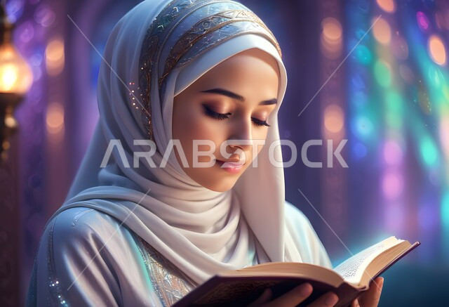 المناسبات الدينية والأعياد الإسلامية، مفهوم التقرب الى الله تعالى، بورتريه من الأمام لإمرأه عربيه خليجية سعودية محجبة ترتدي العباءة وتقرأ القرآن الكريم، التعبد والدعاء في بيوت الله، التدبر والخشوع في العبادة، ايماءات الهدوء والاندماج، خلفية ملونة