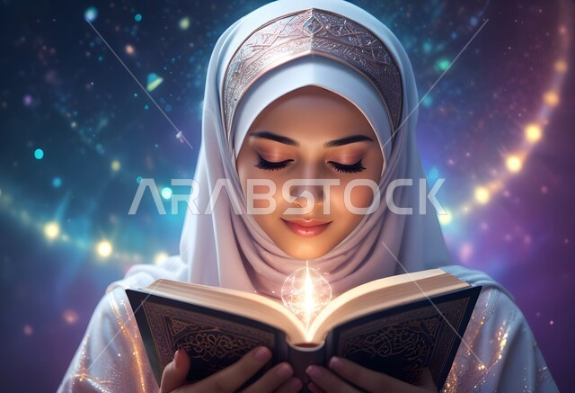 المناسبات الدينية والأعياد الإسلامية، مفهوم التقرب الى الله تعالى، بورتريه من الأمام لإمرأه عربيه خليجية سعودية محجبة ترتدي العباءة وتقرأ القرآن الكريم، التعبد والدعاء في بيوت الله، التدبر والخشوع في العبادة، ايماءات الهدوء والاندماج، خلفية ملونة