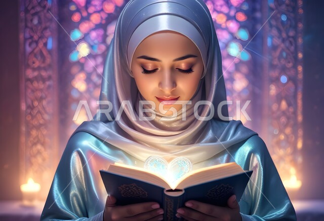 المناسبات الدينية والأعياد الإسلامية، مفهوم التقرب الى الله تعالى، بورتريه من الأمام لإمرأه عربيه خليجية سعودية محجبة ترتدي العباءة وتقرأ القرآن الكريم، التعبد والدعاء في بيوت الله، التدبر والخشوع في العبادة، ايماءات الهدوء والاندماج، خلفية ملونة