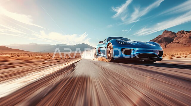 أنشطة صحراوية ممتعة، مغامرة شيقة على الرمال الذهبية الناعمة في صحاري المملكة العربية السعودية، قيادة سيارة رياضية باللون الازرق وسط الصحراء، الاستمتاع بممارسة الهوايات، مغامرات السفاري على الكثبان الرملية