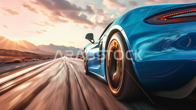 أنشطة صحراوية ممتعة، مغامرة شيقة على الرمال الذهبية الناعمة في صحاري المملكة العربية السعودية، قيادة سيارة رياضية باللون الازرق وسط الصحراء، الاستمتاع بممارسة الهوايات، مغامرات السفاري على الكثبان الرملية