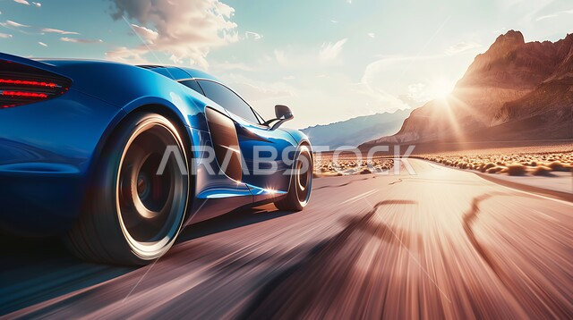 أنشطة صحراوية ممتعة، مغامرة شيقة على الرمال الذهبية الناعمة في صحاري المملكة العربية السعودية، قيادة سيارة رياضية باللون الازرق وسط الصحراء، الاستمتاع بممارسة الهوايات، مغامرات السفاري على الكثبان الرملية