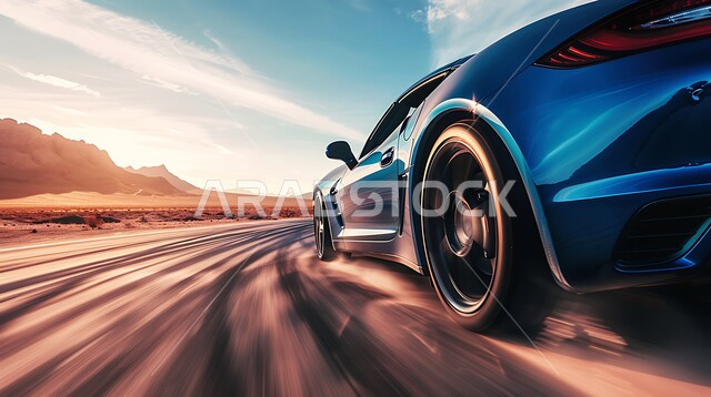 أنشطة صحراوية ممتعة، مغامرة شيقة على الرمال الذهبية الناعمة في صحاري المملكة العربية السعودية، قيادة سيارة رياضية باللون الازرق وسط الصحراء، الاستمتاع بممارسة الهوايات، مغامرات السفاري على الكثبان الرملية