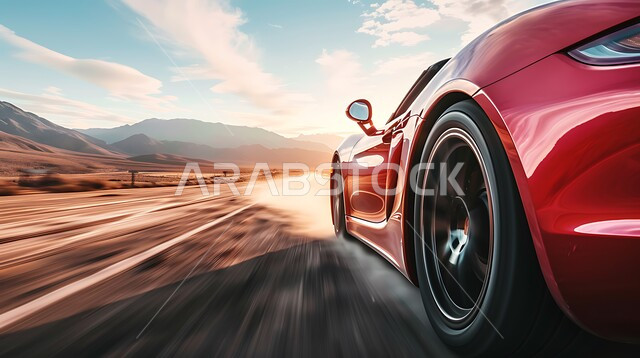 مغامرات السفاري على الكثبان الرملية، أنشطة صحراوية ممتعة، مغامرة شيقة على الرمال الذهبية الناعمة في صحاري المملكة العربية السعودية، قيادة سيارة رياضية باللون الاحمر وسط الصحراء، الاستمتاع بممارسة الهوايات