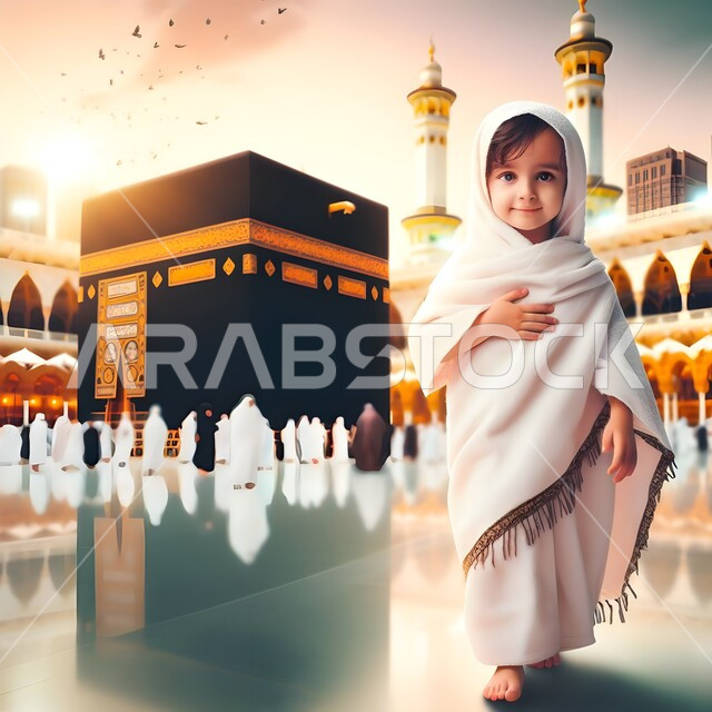  أداء مناسك الحج والعمرة، الطواف حول الكعبة المشرفة في مكة تجمع الحجاج والمعتمرين في ساحة المسجد الحرام، الحرم المكي الشريف في المملكة السعودية، المعالم والأماكن الدينية الإسلامية المقدسة، صورة توضيحية لفتاة عربية ترتدي ملابس الإحرام تقف أمام الكعبة المشرفة 