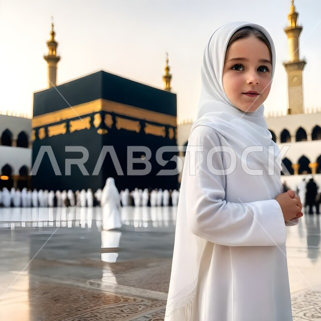  أداء مناسك الحج والعمرة، الطواف حول الكعبة المشرفة في مكة تجمع الحجاج والمعتمرين في ساحة المسجد الحرام، الحرم المكي الشريف في المملكة السعودية، المعالم والأماكن الدينية الإسلامية المقدسة، صورة توضيحية لفتاة عربية ترتدي ملابس الإحرام تقف أمام الكعبة المشرفة 