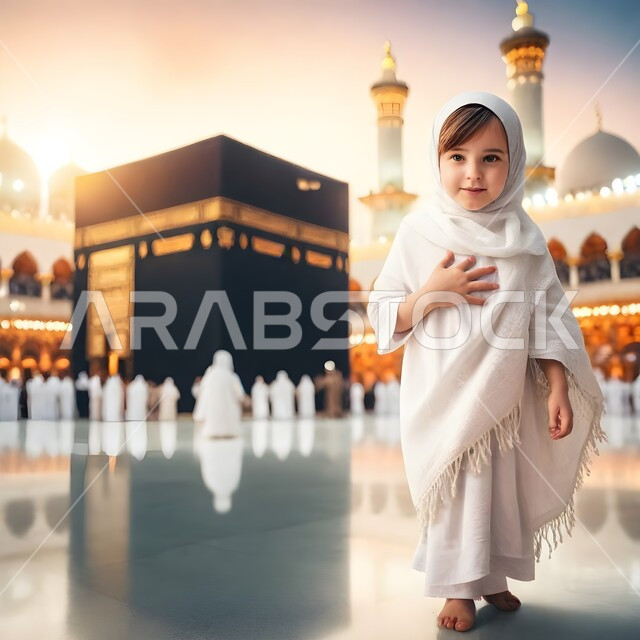  أداء مناسك الحج والعمرة، الطواف حول الكعبة المشرفة في مكة تجمع الحجاج والمعتمرين في ساحة المسجد الحرام، الحرم المكي الشريف في المملكة السعودية، المعالم والأماكن الدينية الإسلامية المقدسة، صورة توضيحية لفتاة عربية ترتدي ملابس الإحرام تقف أمام الكعبة المشرفة 