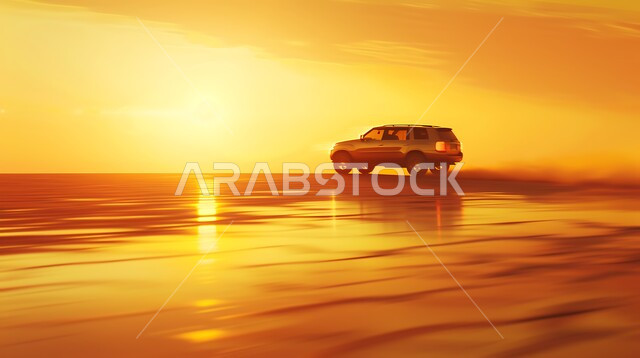4WD adventures in the deserts of the Kingdom at sunset, the hobby of dune bashing, recreational activities that attract tourists, the start of the Saudi racing season, vehicle safari in the Arabian desert, driving on sand dunes and hills