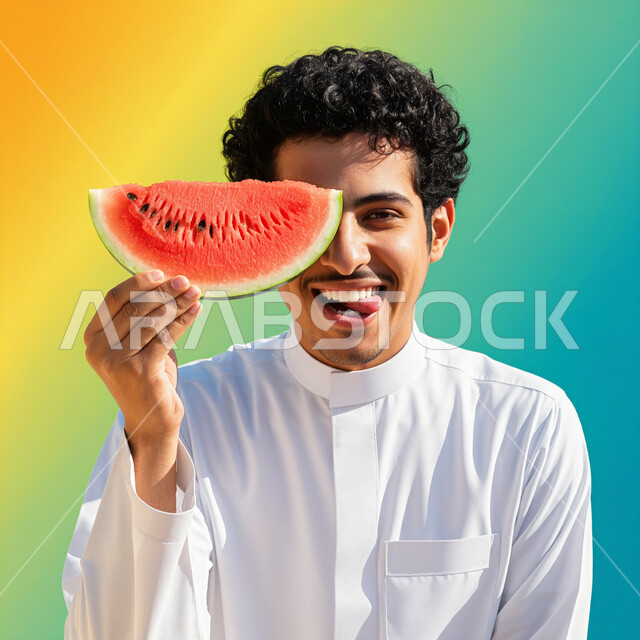 Eating refreshing summer fruits, a happy Saudi young man in traditional dress holding a slice of watermelon and sticking out his tongue playfully on a vibrant background, the importance of travel, tourism and spending vacation days in Saudi coastal places, enjoying the summer vacation