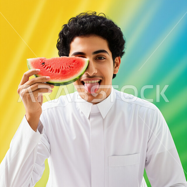 تناول الفواكه الصيفية المنعشة, شاب سعودي سعيد يرتدي زياً تقليدياً يمسك شريحة بطيخ ويخرج لسانه بمرح على خلفية نابضة بالحياة، أهمية السفر والسياحة وقضاء أيام العطلة بالأماكن الساحلية السعودية, الاستمتاع بالإجازة الصيفية