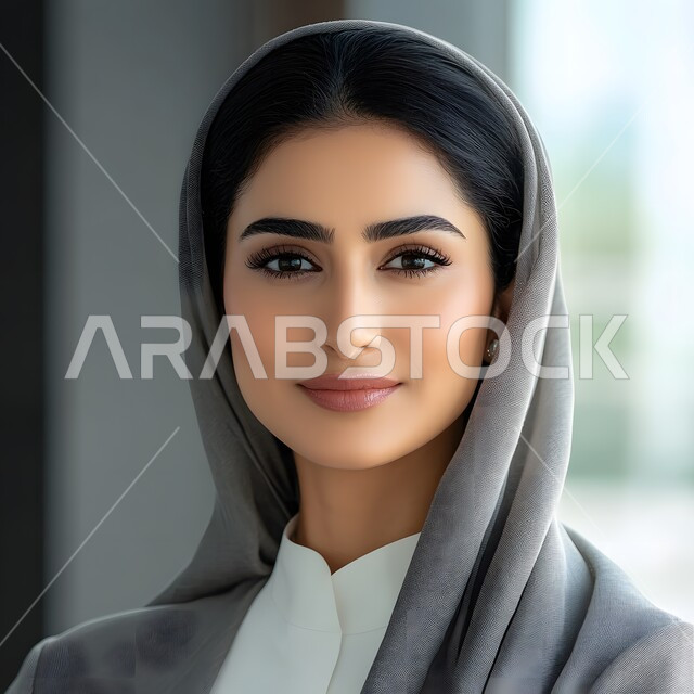 النظر إلى الكاميرا بإيماءات الثقة بالنفس، الاهتمام بالمظهر الخارجي، مهن ووظائف نسائية، مفهوم الأنوثة والنعومة، صورة مقربة لامرأة عربية خليجية سعودية محجبة مبتسمة حجابات نسائية عصريه حديثه