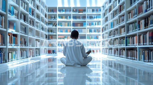 مفهوم الثقافة والتعليم والدراسة في المملكة العربية السعودية، الاستمتاع بقراء الكتب، حب المطالعة والاستكشاف، صورة من الخلف لطالب خليجي يرتدي الثوب التقليدي يقوم بمراجعة الدروس اليومية