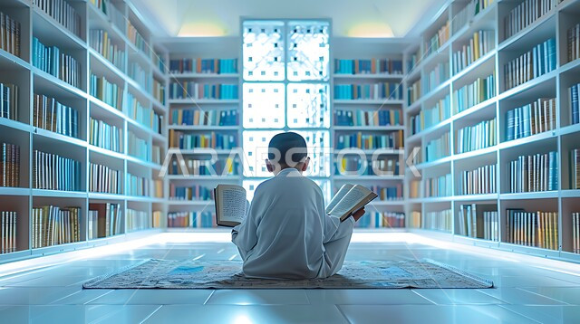 الاستمتاع بقراءة الكتب، مفهوم الثقافة والتعليم والدراسة في المملكة العربية السعودية، حب المطالعة والاستكشاف، صورة من الخلف لطالب خليجي يرتدي الثوب التقليدي يقوم بمراجعة الدروس اليومية