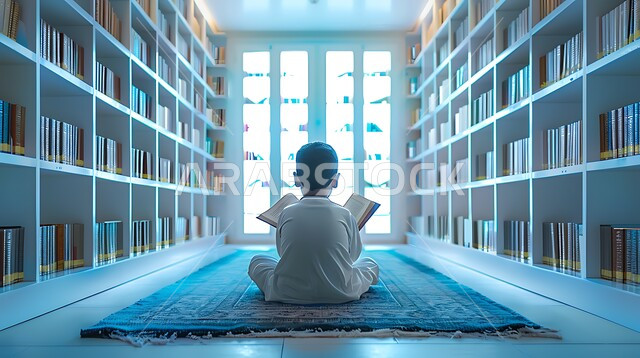 حب المطالعة والاستكشاف، صورة من الخلف لطالب خليجي يرتدي الثوب التقليدي يقوم بمراجعة الدروس اليومية، مفهوم الثقافة والتعليم والدراسة في المملكة العربية السعودية، الاستمتاع بقراء الكتب