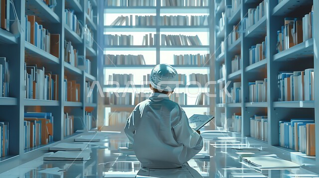 حب المطالعة والاستكشاف، صورة من الخلف لطالب خليجي يرتدي الثوب التقليدي يقوم بمراجعة الدروس اليومية، مفهوم الثقافة والتعليم والدراسة في المملكة العربية السعودية، الاستمتاع بقراء الكتب