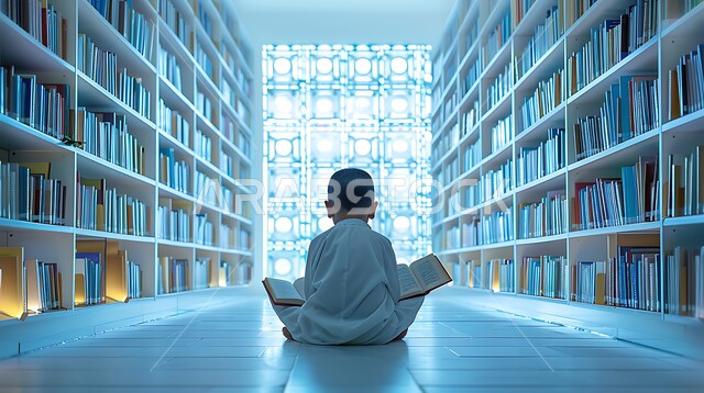 الاستمتاع بقراءة الكتب، مفهوم الثقافة والتعليم والدراسة في المملكة العربية السعودية، حب المطالعة والاستكشاف، صورة من الخلف لطالب خليجي يرتدي الثوب التقليدي يقوم بمراجعة الدروس اليومية