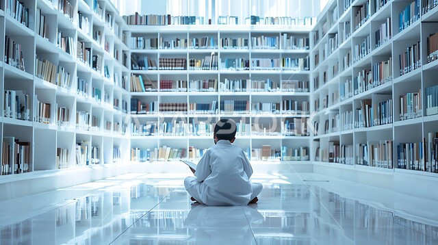 حب المطالعة والاستكشاف، صورة من الخلف لطالب خليجي يرتدي الثوب التقليدي يقوم بمراجعة الدروس اليومية، مفهوم الثقافة والتعليم والدراسة في المملكة العربية السعودية، الاستمتاع بقراء الكتب