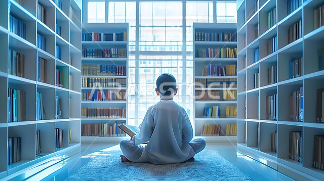 Enjoying reading books, the concept of culture, education and study in Saudi Arabia, the love of reading and exploration, a picture from the back of a Gulf student wearing a traditional dress reviewing daily lessons