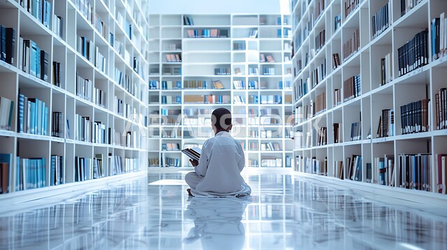مفهوم الثقافة والتعليم والدراسة في المملكة العربية السعودية، الاستمتاع بقراء الكتب، حب المطالعة والاستكشاف، صورة من الخلف لطالب خليجي يرتدي الثوب التقليدي يقوم بمراجعة الدروس اليومية