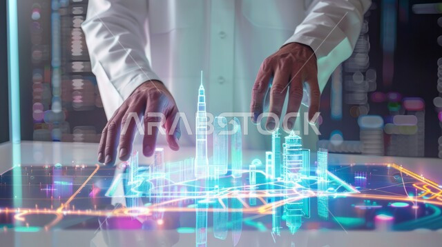 تصميم مدينة مستقبلية باستخدام نموذج رقمي، استعمال التقنيات الحديثة لمتابعة المشاريع والمخططات الهندسية المتطورة، رسومات بيانية هولوجرامية ثلاثية الأبعاد لمخطط هندسي، صورة مقربة لمهندس عربي خليجي سعودي يرتدي الزي التقليدي يقوم بتدقيق المخططات