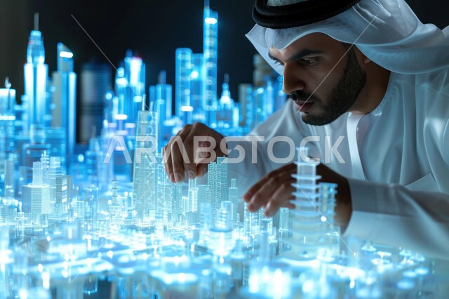 تصميم مدينة مستقبلية باستخدام نموذج رقمي، استعمال التقنيات الحديثة لمتابعة المشاريع والمخططات الهندسية المتطورة، رسومات بيانية هولوجرامية ثلاثية الأبعاد لمخطط هندسي، صورة مقربة لمهندس عربي خليجي سعودي يرتدي الزي التقليدي يقوم بتدقيق المخططات 