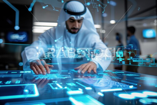مفهوم الابتكار والتطور والمفاهيم المستقبلية، رجل عربي يتفاعل مع واجهة ثلاثية الأبعاد مستقبلية في مختبر التكنولوجيا الحديثة، التفاعل مع أيقونات المعادلات الحسابية الهولوجرامية ثلاثية الابعاد، رؤية مستقبلية 2030، العمل بالقطاع الهندسي عبر تقنية الواقع الافتراضي 
