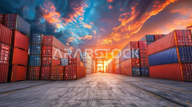 تعبئة وشحن الحاويات والبضائع التجارية وكوتينزات التخزين، مرفأ تجاري لتوصيل السلع والمنتجات المحلية عبر السفن في البحار، ميناء لنقل البضائع في المملكة العربية السعودية، التجارة والصناعة والاقتصاد البحري