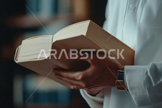 طالب جامعي عربي خليجي سعودي يرتدي الزي الخليجي التقليدي ،يقضي وقت ممتع في مكتبة الجامعة ،قراءة كتاب داخل المكتبة، تدوين الملاحظات ،استعارة كتاب مناسب ، اثراء التعليم الجامعي ، البحث العلمي في المكاتب ، مفهوم التعليم والتعلم