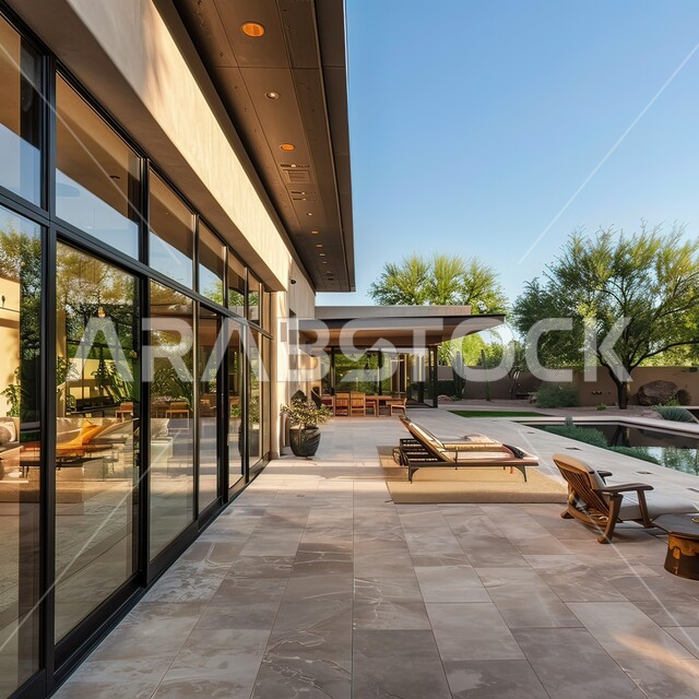 Luxury living room with swimming pool, modern distinctive interior decorations in modern style, architectural engineering art with huge glass facades, modern advanced interior construction of engineering arts, buildings and living rooms in Saudi Arabia, architectural engineering art and distinctive designs.