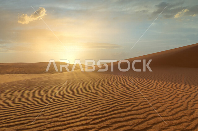 صورة جمالية خلابة لغروب وشروق الشمس الإبداعي من الصحراء, جمال الطبيعة الصحراوية الخلابة في وقت غروب وشروق الشمس منظر رائع وخلاب في سماء السعودية