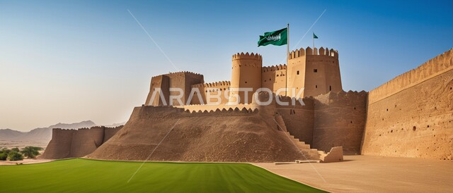 الهندسة المعمارية والمباني الطينية القديمة من التراث السعودي، أماكن ومعالم أثرية سياحية في السعودية، سارية العلم الوطني السعودي يرفرف بالسماء،  صورة مقربة لقصر المصمك التاريخي في مدينة الرياض في المملكة العربية السعودية