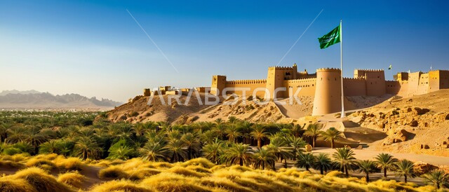 الهندسة المعمارية والمباني الطينية القديمة من التراث السعودي، أماكن ومعالم أثرية سياحية في السعودية، سارية العلم الوطني السعودي يرفرف بالسماء،  صورة مقربة لقصر المصمك التاريخي في مدينة الرياض في المملكة العربية السعودية