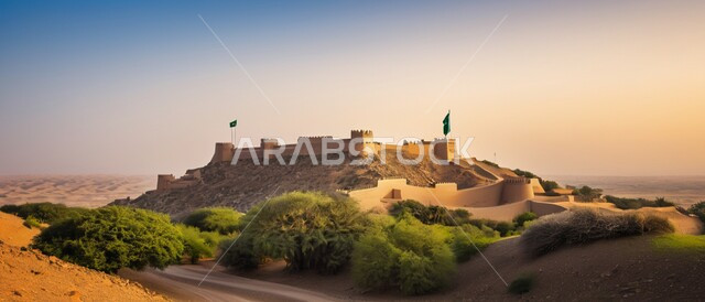 الهندسة المعمارية والمباني الطينية القديمة من التراث السعودي، أماكن ومعالم أثرية سياحية في السعودية، سارية العلم الوطني السعودي يرفرف بالسماء،  صورة مقربة لقصر المصمك التاريخي في مدينة الرياض في المملكة العربية السعودية