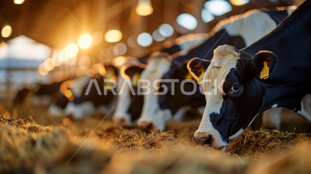 الاهتمام بالثدييات والمواشي في المملكة, صورة لمجموعة من الأبقار يتغذوون على الأعلاف, أضاحي عيد الأضحى المبارك, حيوانات تعطي الحليب ومشتقاته, تنوع الثروة الحيوانية في السعودية