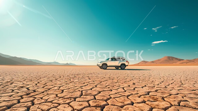 الطبيعة الجبلية في المملكة العربية السعودية ، سيارة بيضاء جيب وسط الصحراء ، الأنشطة الترفيهية لقيادة السيارات في المناطق الصحراوية ، مغامرات ورحلات السفاري في الصحاري اثناء النهار ، الارضي الطينية المتشققة في موسم الجفاف 