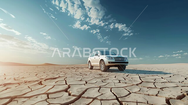 الطبيعة الجبلية في المملكة العربية السعودية ، سيارة بيضاء جيب وسط الصحراء ، الأنشطة الترفيهية لقيادة السيارات في المناطق الصحراوية ، مغامرات ورحلات السفاري في الصحاري اثناء النهار ، الارضي الطينية المتشققة في موسم الجفاف 