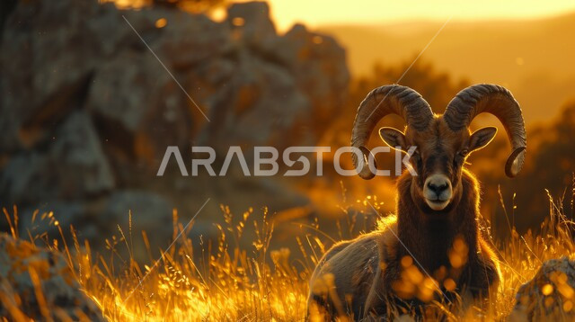 الحياة البرية في المملكة العربية السعودية, خاروف بني يقف في وسط النباتات في البستان وقت الغروب, تربية الثدييات والمواشي, إنشاء مزارع ومحميات طبيعية للحيوانات في المملكة