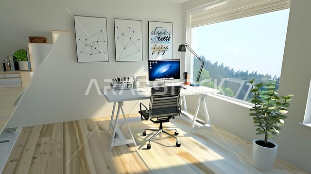 الديكورات الداخلية لمكاتب العمل المنزلية في السعودية، النوافذ الزجاجية المطلة على المناظر الطبيعية في وقت النهار، فنون التصميم الداخلي، غرفة مكتبية بتصاميم وتجهيزات حديثة، الاهتمام بنباتات الزينة الخضراء