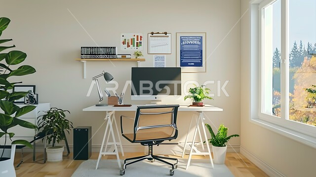 غرفة مكتبية بتصاميم وتجهيزات حديثة، فنون التصميم الداخلي، الديكورات الداخلية لمكاتب العمل المنزلية في السعودية، النوافذ الزجاجية المطلة على المناظر الطبيعية في وقت النهار، الاهتمام  بنباتات الزينة الخضراء