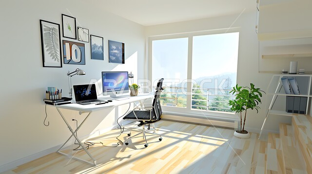 الديكورات الداخلية لمكاتب العمل المنزلية في السعودية، النوافذ الزجاجية المطلة على المناظر الطبيعية في وقت النهار، فنون التصميم الداخلي، غرفة مكتبية بتصاميم وتجهيزات حديثة، الاهتمام بنباتات الزينة الخضراء