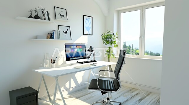 فنون التصميم الداخلي، الديكورات الداخلية لمكاتب العمل المنزلية في السعودية، النوافذ الزجاجية المطلة على المناظر الطبيعية في وقت النهار، غرفة مكتبية بتصاميم وتجهيزات حديثة، الاهتمام  بنباتات الزينة الخضراء