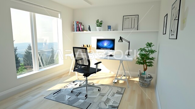 فنون التصميم الداخلي، الديكورات الداخلية لمكاتب العمل المنزلية في السعودية، النوافذ الزجاجية المطلة على المناظر الطبيعية في وقت النهار، غرفة مكتبية بتصاميم وتجهيزات حديثة، الاهتمام  بنباتات الزينة الخضراء