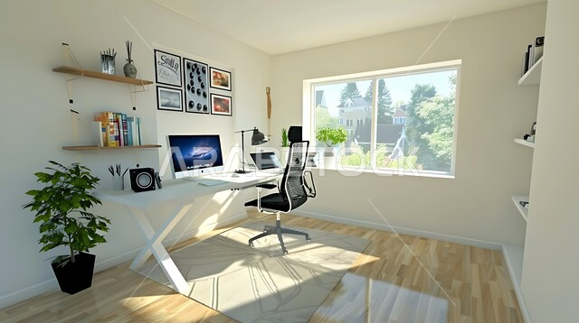 فنون التصميم الداخلي، الديكورات الداخلية لمكاتب العمل المنزلية في السعودية، النوافذ الزجاجية المطلة على المناظر الطبيعية في وقت النهار، غرفة مكتبية بتصاميم وتجهيزات حديثة، الاهتمام  بنباتات الزينة الخضراء